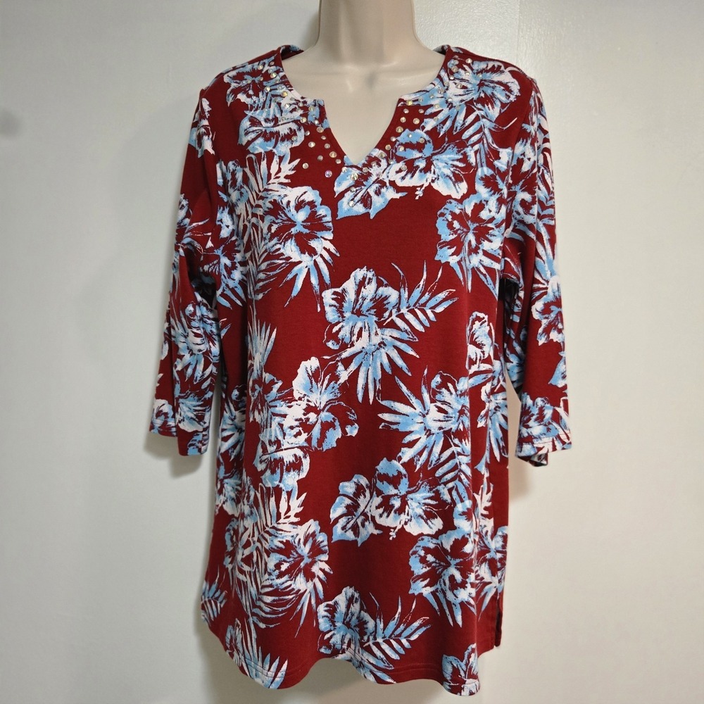 Quacker Factory Size L Sparkle and Shine Tropical Bliss Tunic‎ Top 3/4 Sleeve